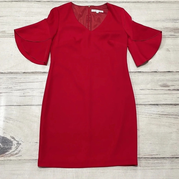 Trina Turk Dress Red Knee Length Sheath V-Neck Bell Sleeves Size 2 - Picture 10 of 16